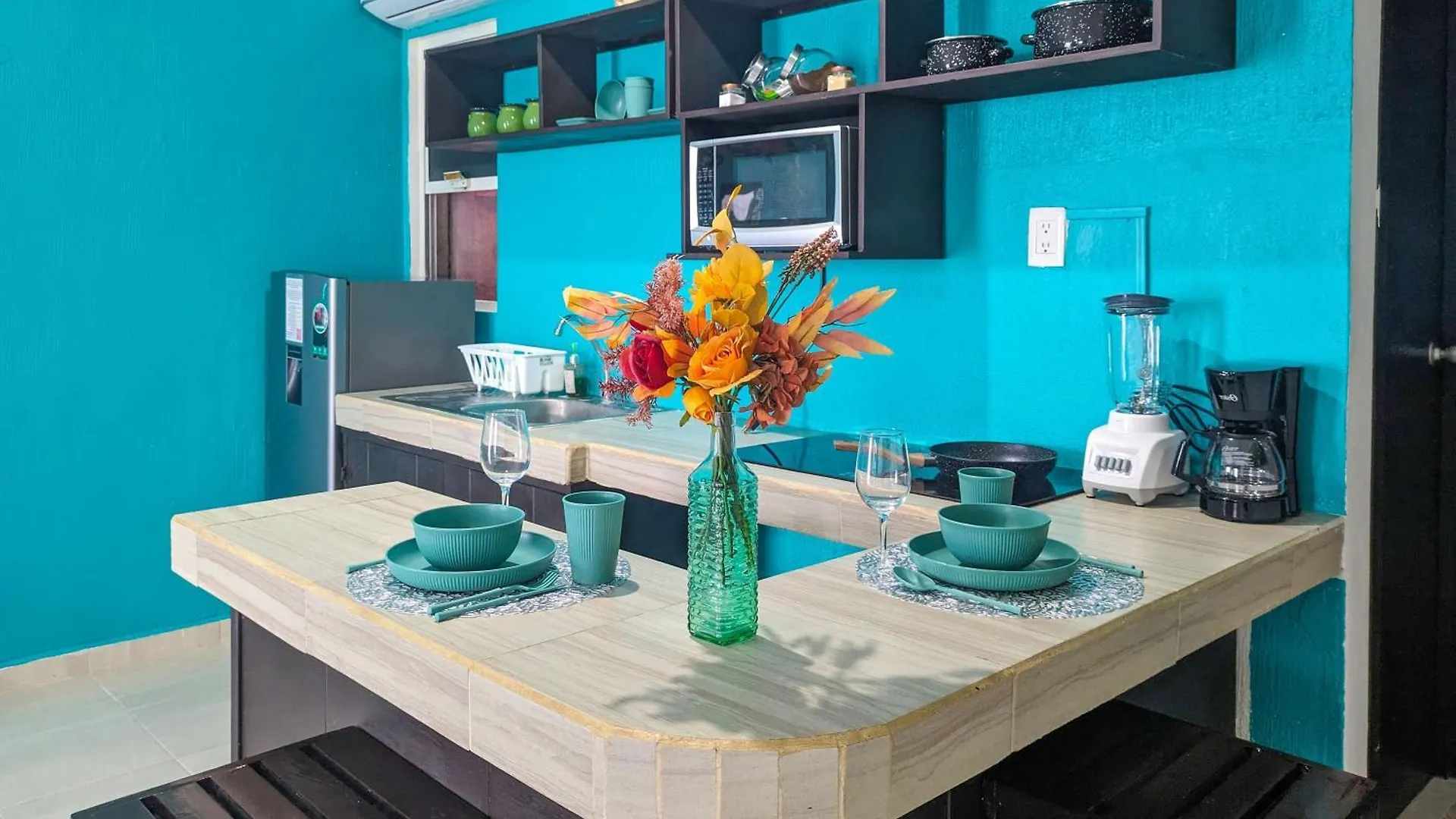 Apartment A5 Beachside Bliss Family Hawaiian Themed Quad Studio Kitchen Ac Playa del Carmen Mexico
